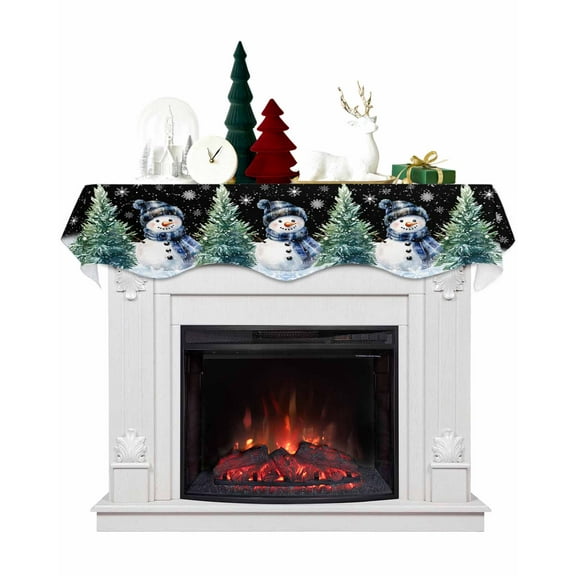 Black Christmas Snowman Fireplace Mantel Scarf Table Runner, Xmas Tree Snowflake Snowscape Winter Garland Mantel Top Tablerunners Dresser Scarves Cover for Windows Party Living Room 60''x17''