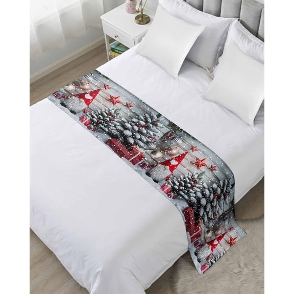 Bed Runner Scarf for Twin Size Bed, Christmas Gnomes Beds Scarf Throws for Foot of Bedding, Winter Farmhouse Xmas Balls Tree Decorative Beds Runners for Bedroom Guestroom, 71"x20"