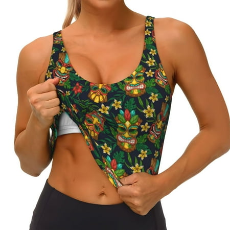 Qokaie Mask Tropical Flower Pattern Womens Scoop Neck Sports Bra Breathable Workout Vest Padded U Back Medium Impact Fitness Gym Yoga Bra Workout Crop Top