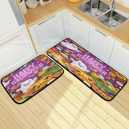 

SKYSONIC Jack Lanterns Ghosts Kitchen Rugs 2 Pieces Trick Or Treat Floor Mat Room Area Rug Washable Carpet Perfect for Living Room Bedroom Entryway