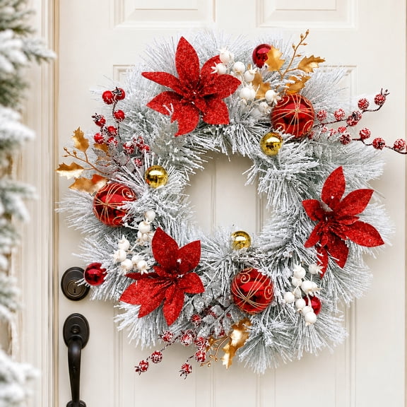Christmas Wreath with Red Poinsettias, Snow-Flocked Evergreen, Red & Gold Ornaments, Holiday Front Door Decor