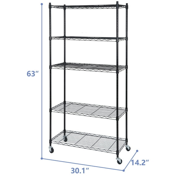 ZenStyle Heavy Duty with Lockable Wheels 14"W x 30.1"D x 63"H 5-Shelf Freestanding Shelves, Black
