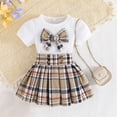 thumbnail image 5 of CPNG Toddler Girl's 2 Piece Outfit Bow Front Short Sleeve Tee and Plaid Pleated Skirt Set Summer Sweet Stylish Set(White,5-6 Years), 5 of 9