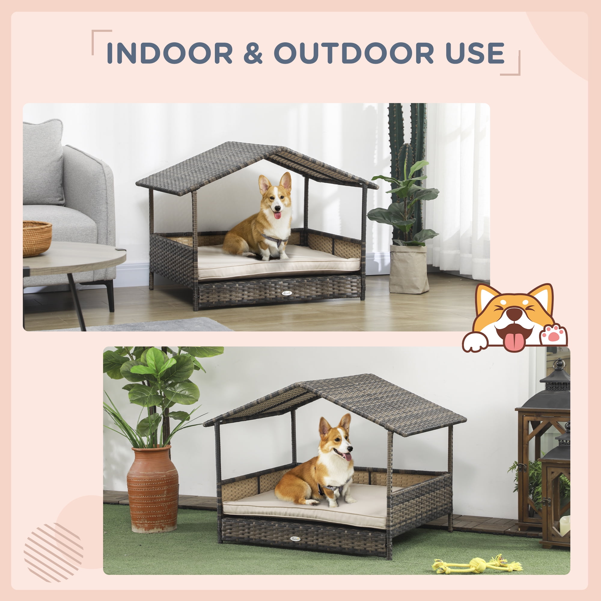 PawHut Wicker Dog House Elevated Raised Rattan Bed for Indoor/Outdoor with Removable Cushion Lounge, Khaki