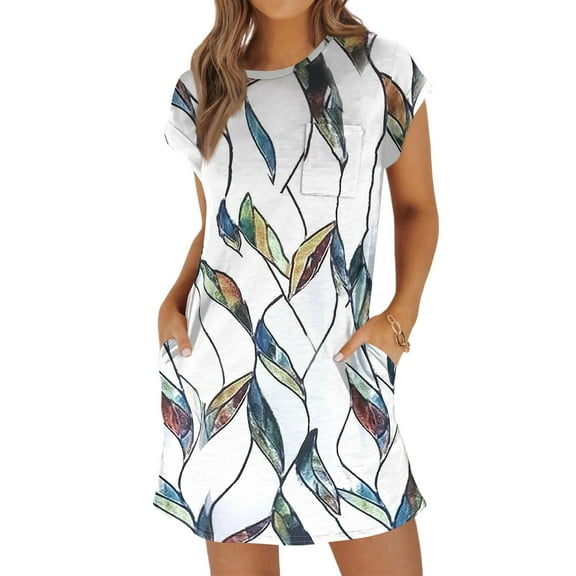 UoCefik Short Summer Dresses For Women Beach Ethnic Floral Short Sleeve T-Shirt Dress Loose Fit Crewneck Casual Sundress Petite Cute Mini Dresses with Pockets Army Green L
