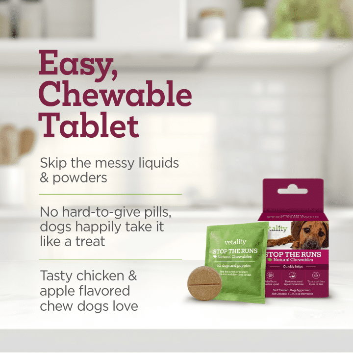 Vetality Stop The Runs, Anti-Diarrhea Chewable Tablets for Dogs, 6 Count.  Fast Acting and Supports Normal Bowel Function for Dogs.  Chicken Apple Flavor.