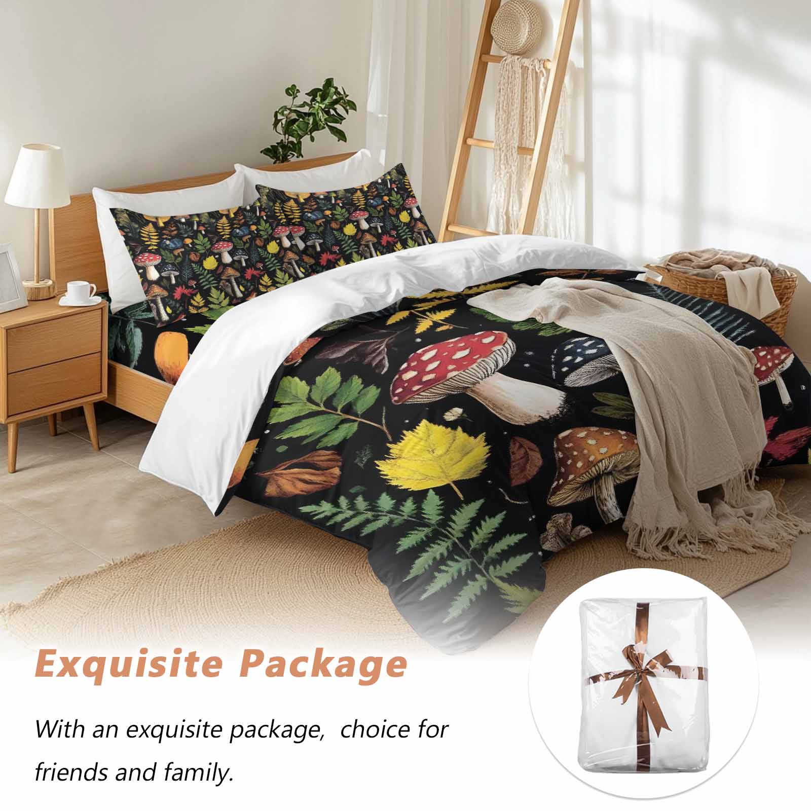Farm Mushroom Duvet Cover Set King Size, Leaf Fern Plant Retro Black Background 4 Piece Soft Microfiber Bedding Set with 1 Duvet Cover, 1 Flat Sheet, 2 Pillowcases