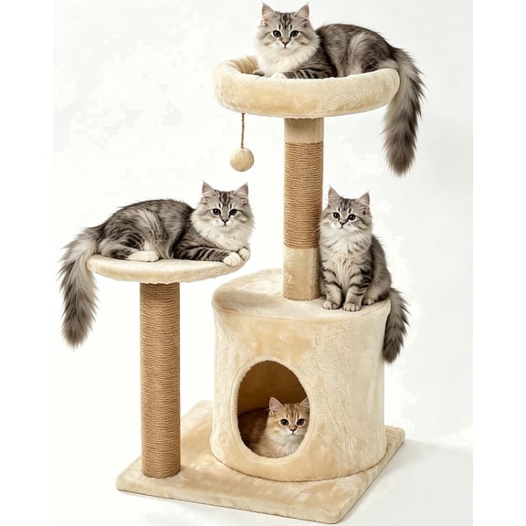 Small Cat Tree Tower for Large Adult Cats with Wide Top Perch, Private Cat Condo and Sisal Scratching Post for Indoor Cats, Beige