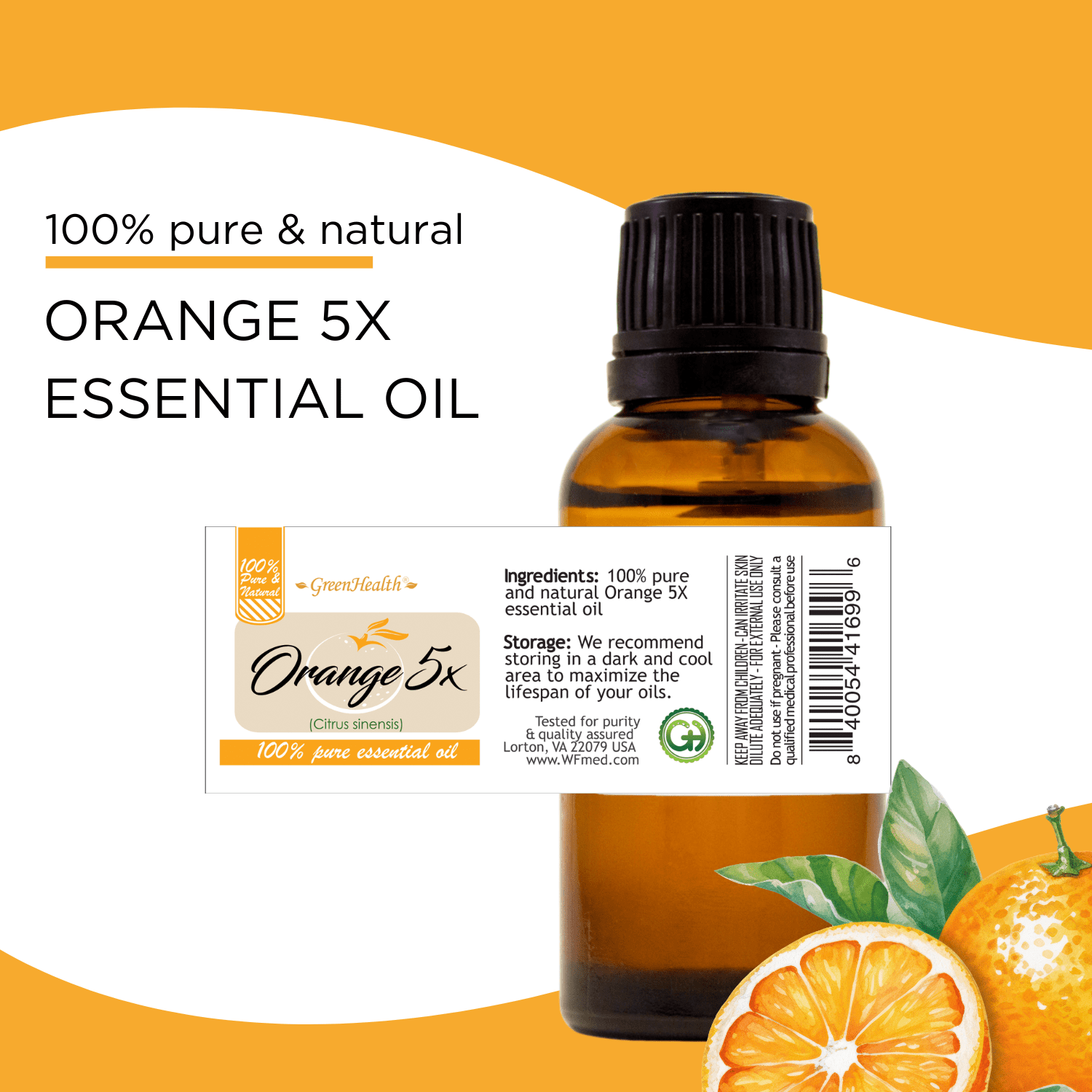 GreenHealth 100% Pure Orange 5 Fold Essential Oil 8 fl oz Aluminum Bottle w/Plug Cap