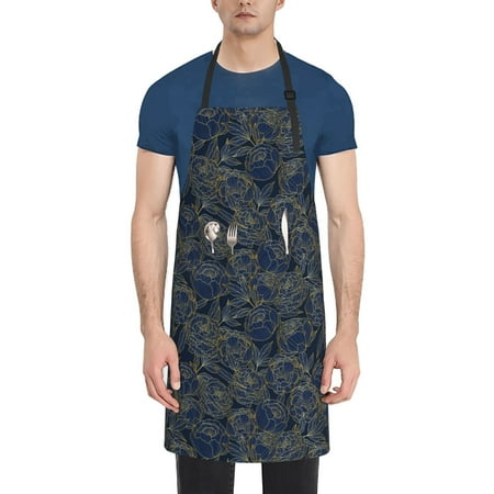 

Vsdgher Golden Peonies Waterproof Apron with 2 Pockets Kitchen Chef Aprons Bibs for Grooming Cooking Baking Painting Gardening
