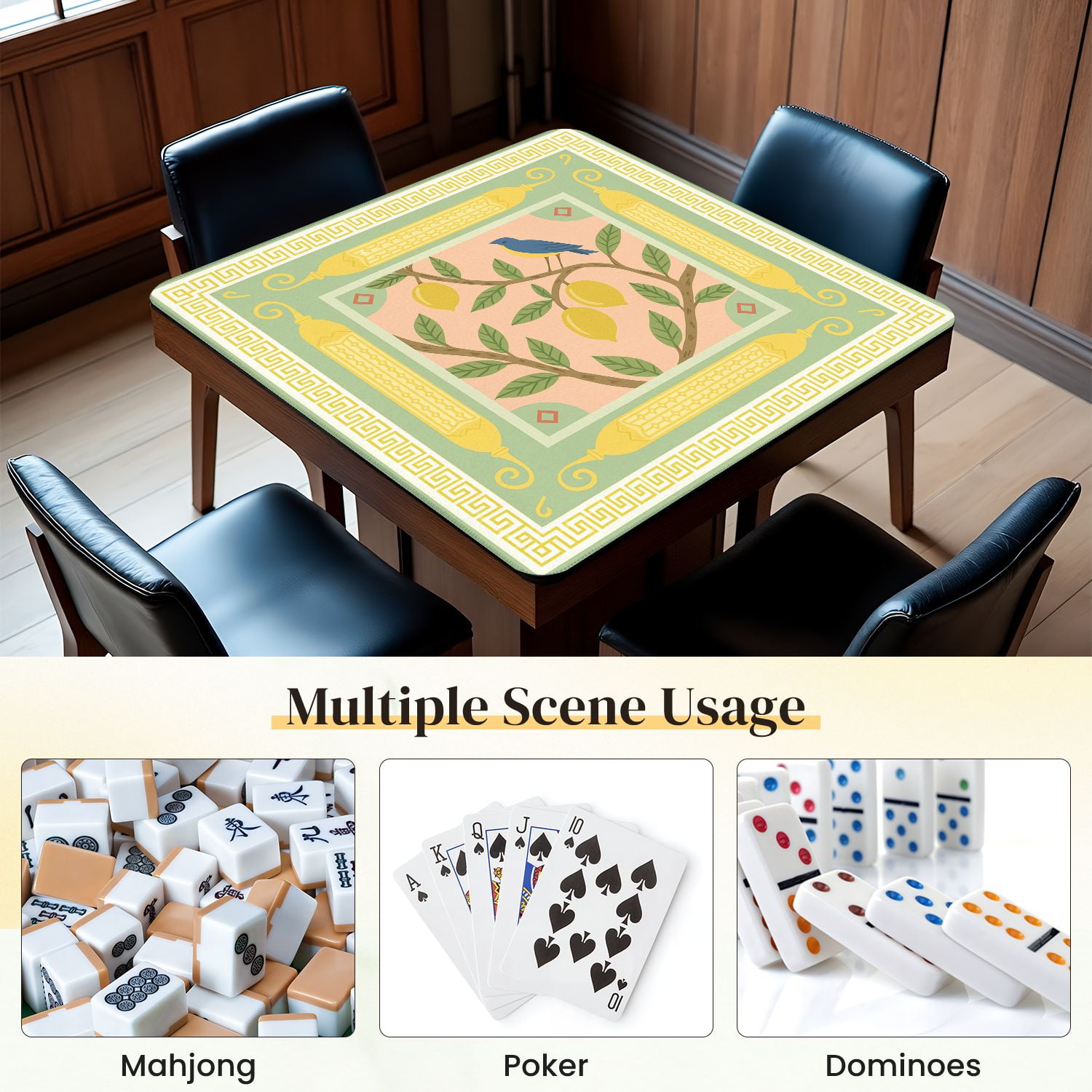 Mahjong Mat 31.5" x 31.5" Blue Bird Lemon Tree Anti-Slip and Noise Reduction Symmetry Design Mahjong Tiles Table Cover for Dominoes Poker Card Board and Tile Games