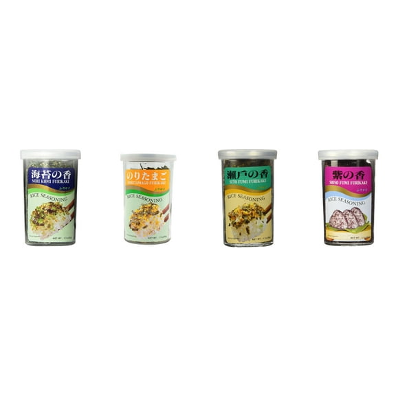 Ajishima JFC Rice Seasoning Fumi Furikake 4 Flavor Mixed Bundle (Nori Komi,Noritamago,Seto,Shiso) Plus NineChef Brand Long Handle Coffee Spoon