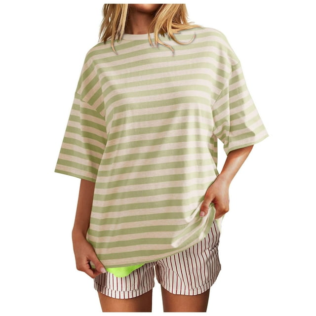 Women Simple Home Casual Striped Pattern Round Neck Short Sleeved Pullover Color Block T Shirt Top