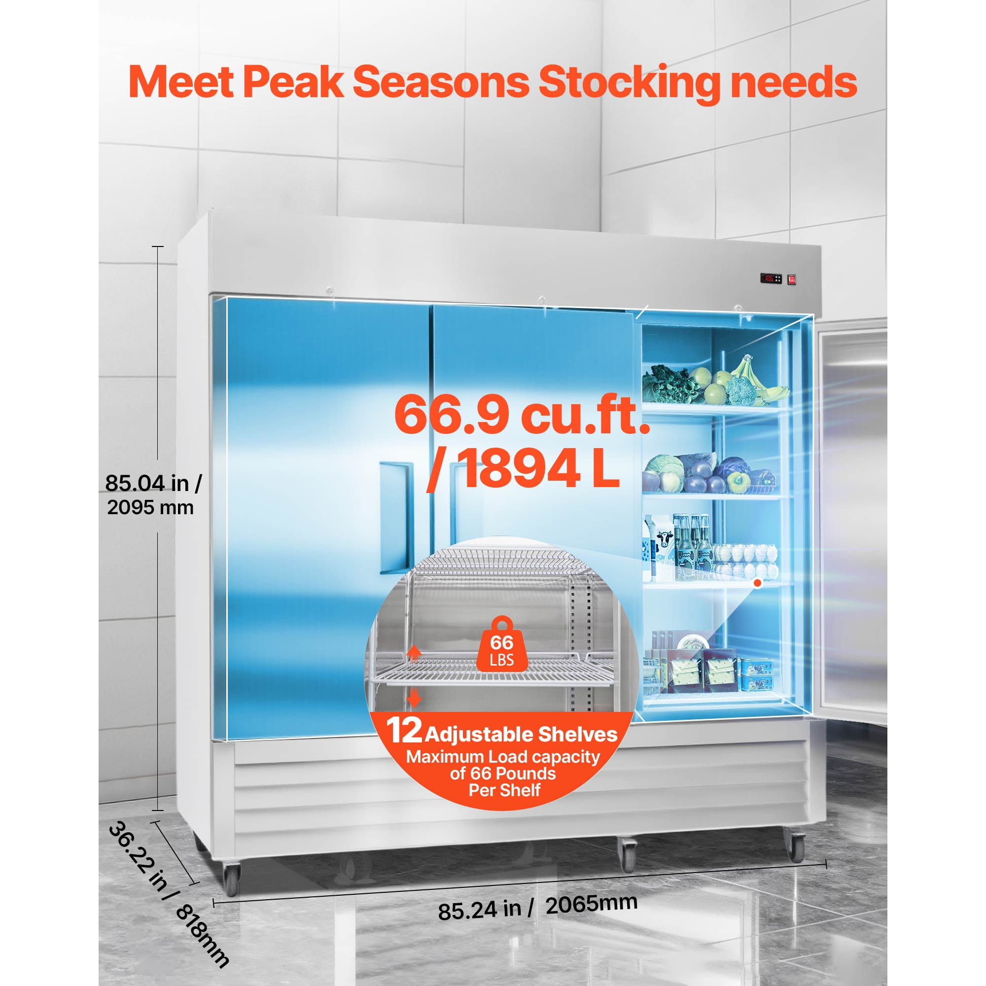 KFFKFF Commercial Stainless Steel Refrigerator, 85" Wide, 69 Cu.Ft Capacity, Three-Door Upright Design with Auto-Defrost, 12 Adjustable Shelves, Temperature Range 32-50℉, ETL Certified