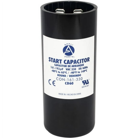 Appli Parts motor start capacitor 161-193 Mfd (microfarads) uF 330 VAC universal fit for electric motor applications 1-7/16 in Wide 3-3/8 in Height CON-161-330