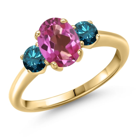 Gem Stone King 10K Yellow Gold Pink Mystic Topaz and Blue Diamond Engagement Ring for Women | 1.84 Cttw | Oval 8X6MM | Gemstone November Birthstone | Size 6