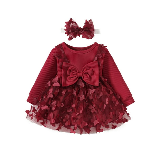 Odeerbi Niñas Rib Knit Mariposa Tul Vestido Primavera Otoño Manga Larga Gran Lazo Princesa Vestidos Encaje Bordado Malla Vestido
