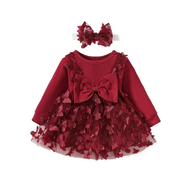 Odeerbi Niñas Rib Knit Mariposa Tul Vestido Primavera Otoño Manga Larga Gran Lazo Princesa Vestidos Encaje Bordado Malla Vestido