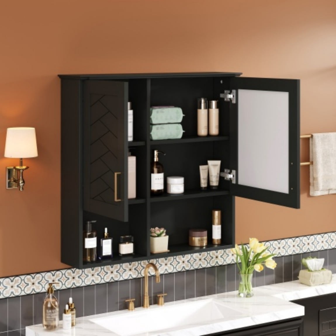 30" Wall Mounted Medicine Cabinet with Mirror, Bathroom Storage Cabinet with Adjustable Shelves, Soft Close Doors, Modern Mirror Cabinet for Bathroom Vanity, Black