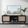 thumbnail image 4 of TV Stand for TVs up to 75'', Boho TV Console with Rattan Door, Shelves & 2 Cabinets, Entertainment Center for Living Room, Black, 4 of 11