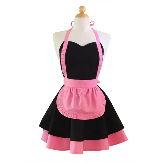 Delantal de algodón con ribete de volantes, cuello ajustable, estilo retro
