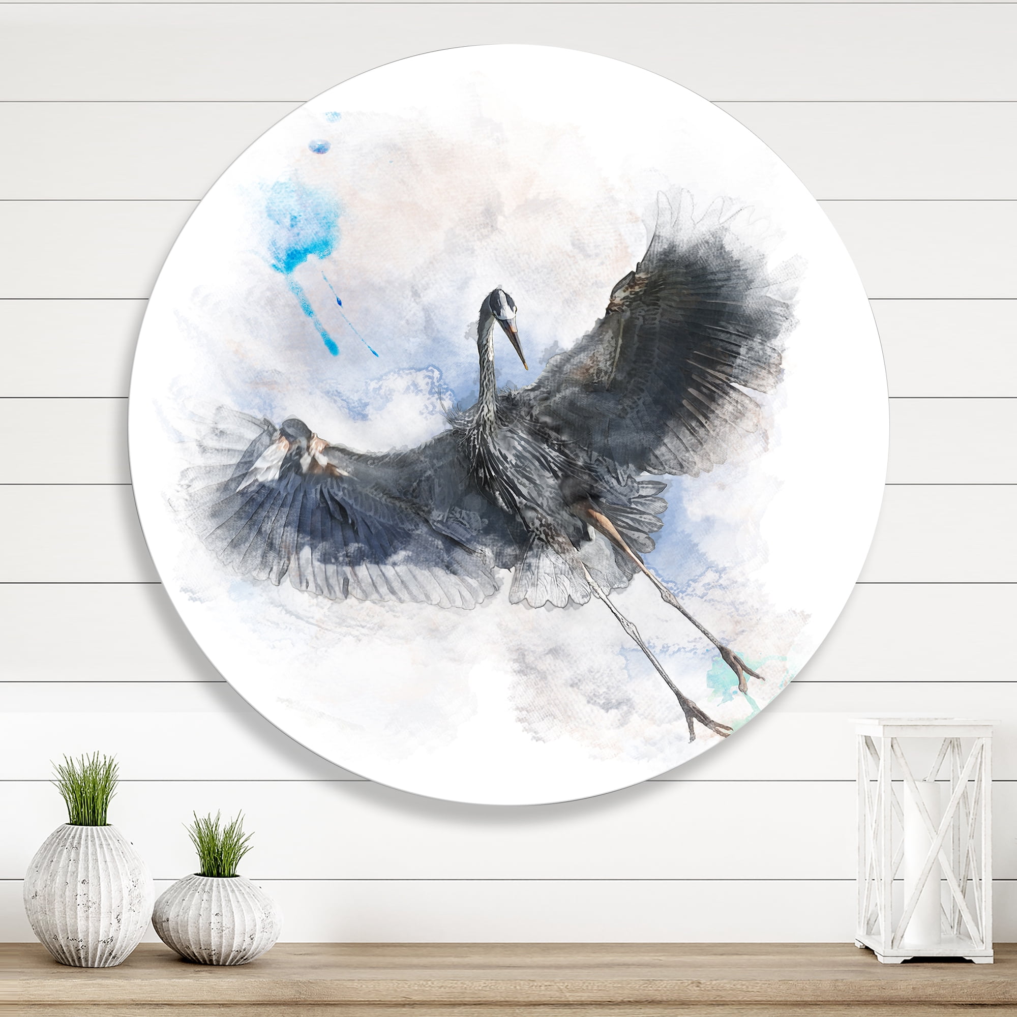 Designart 'Great Dark Blue Heron Bird Illustration' Farmhouse Circle Metal Wall Art 23x23 - Disc of 23