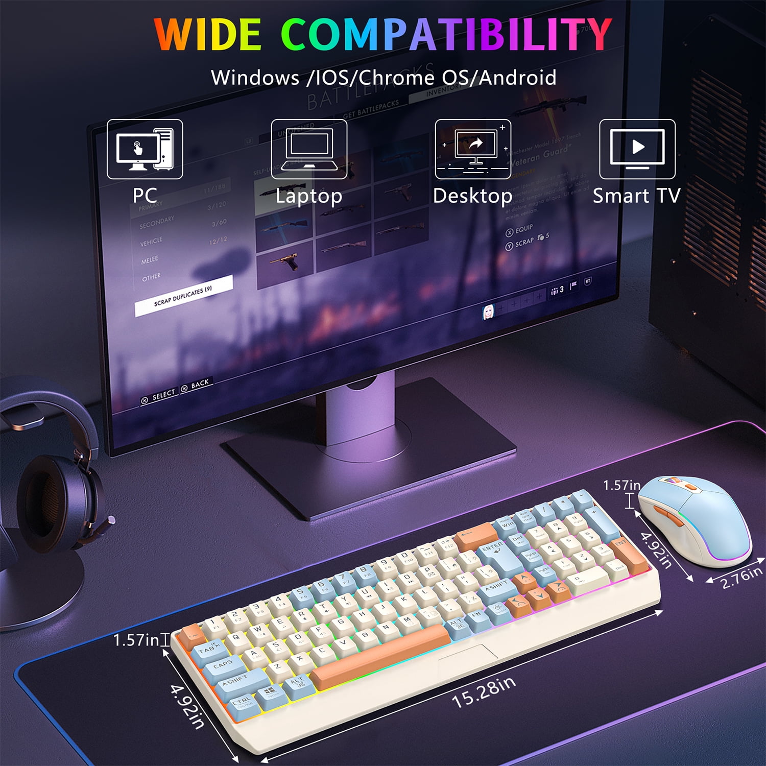 CshidWorld Wireless Gaming Keyboard and Mouse Combo 85 Key Rainbow Backlit, Rechargeable 2000mAh, Dual-Mode 2.4GHz & BT5.0, Ergonomic Design for or Mac, Laptop, Desktop
