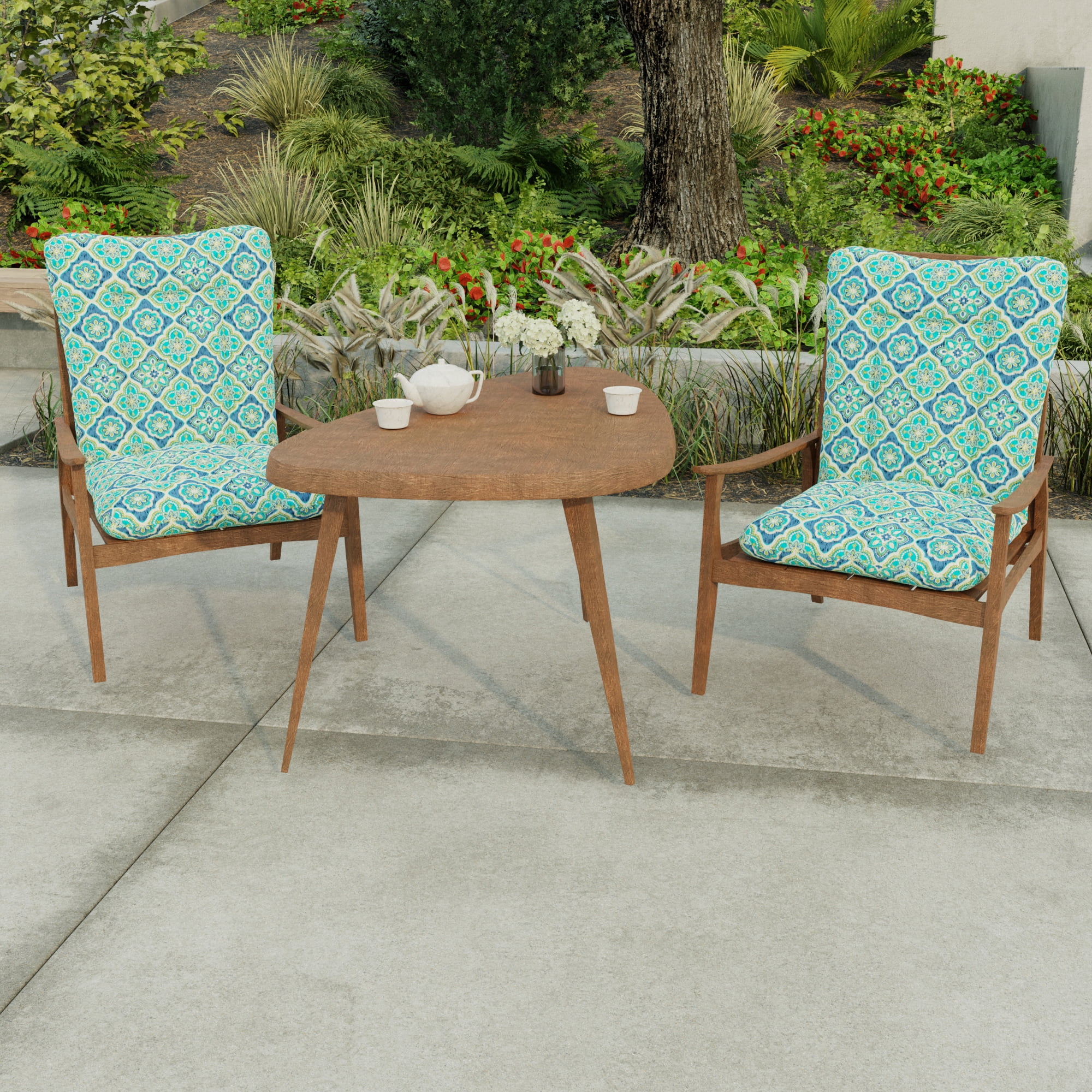 Jordan Manufacturing 38" x 21" Adonis Capri Teal Medallion Rectangular Outdoor Wrought Iron Chair Cushion with Ties and Hanger Loop