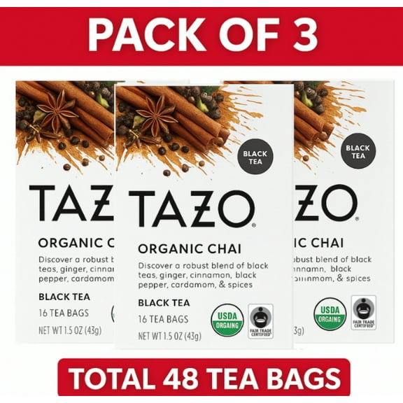 Tazo Teas, Regenerative, Organic Chai, Black Tea, 16 Tea Bags, 1.5 oz Pack of 3 Total 48 Tea Bags