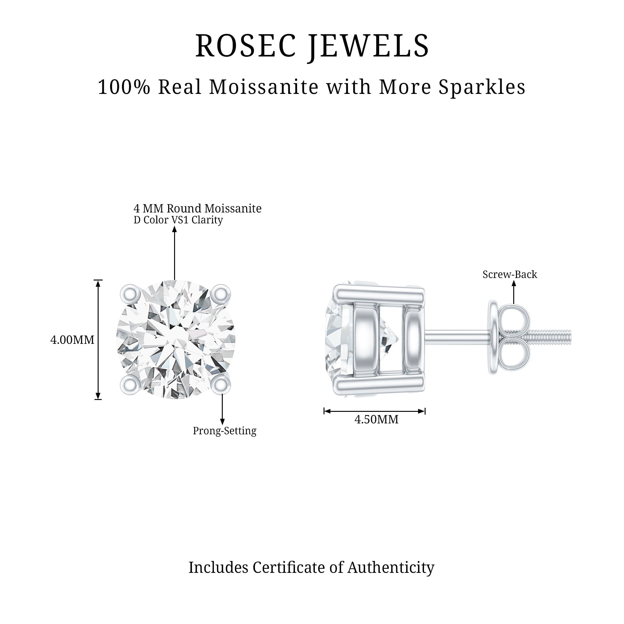 Rosec Jewels Certified Moissanite Stud Earrings in Silver - with Screw Back - 4 mm Round - D-VS1 Quality - Ready to Gift for Women