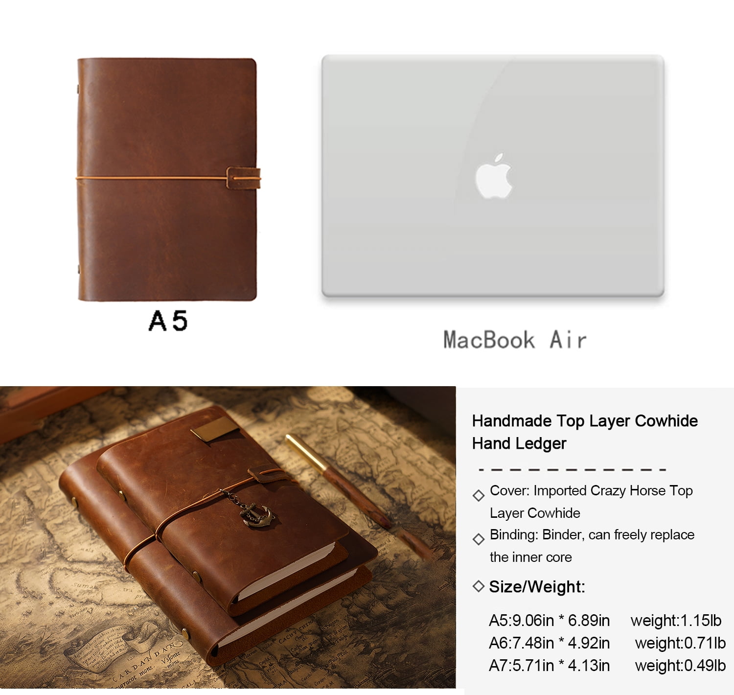 KISSKI·H Olvido Leather Notebook Journals, A5 Binder 6 Ring Refillable Travelers Notebook, Vintage Journals for Writing, A5 Planner Binder, Handmade Folio Organizer, Gift for Women/Men, Brown