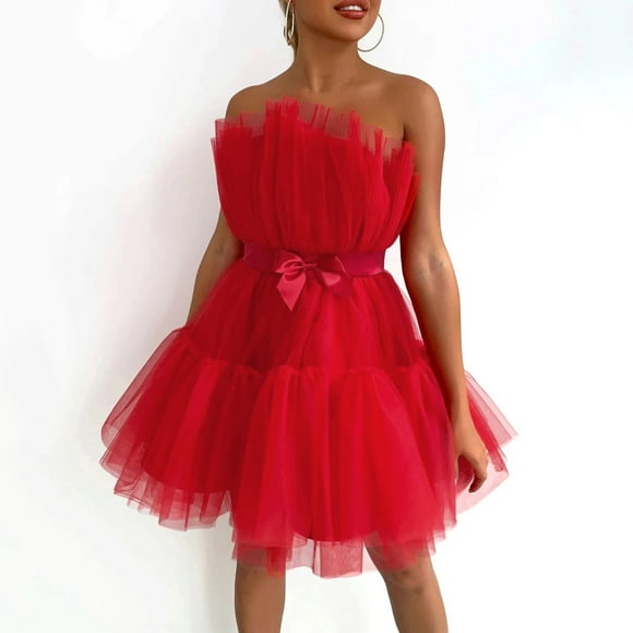 DondPO Wedding Guest Dresses for Women Prom Dress Womens Off Shoulder Top Wedding Pleated Mesh Party Dress Corset Dress Summer Dresses Red Dress L