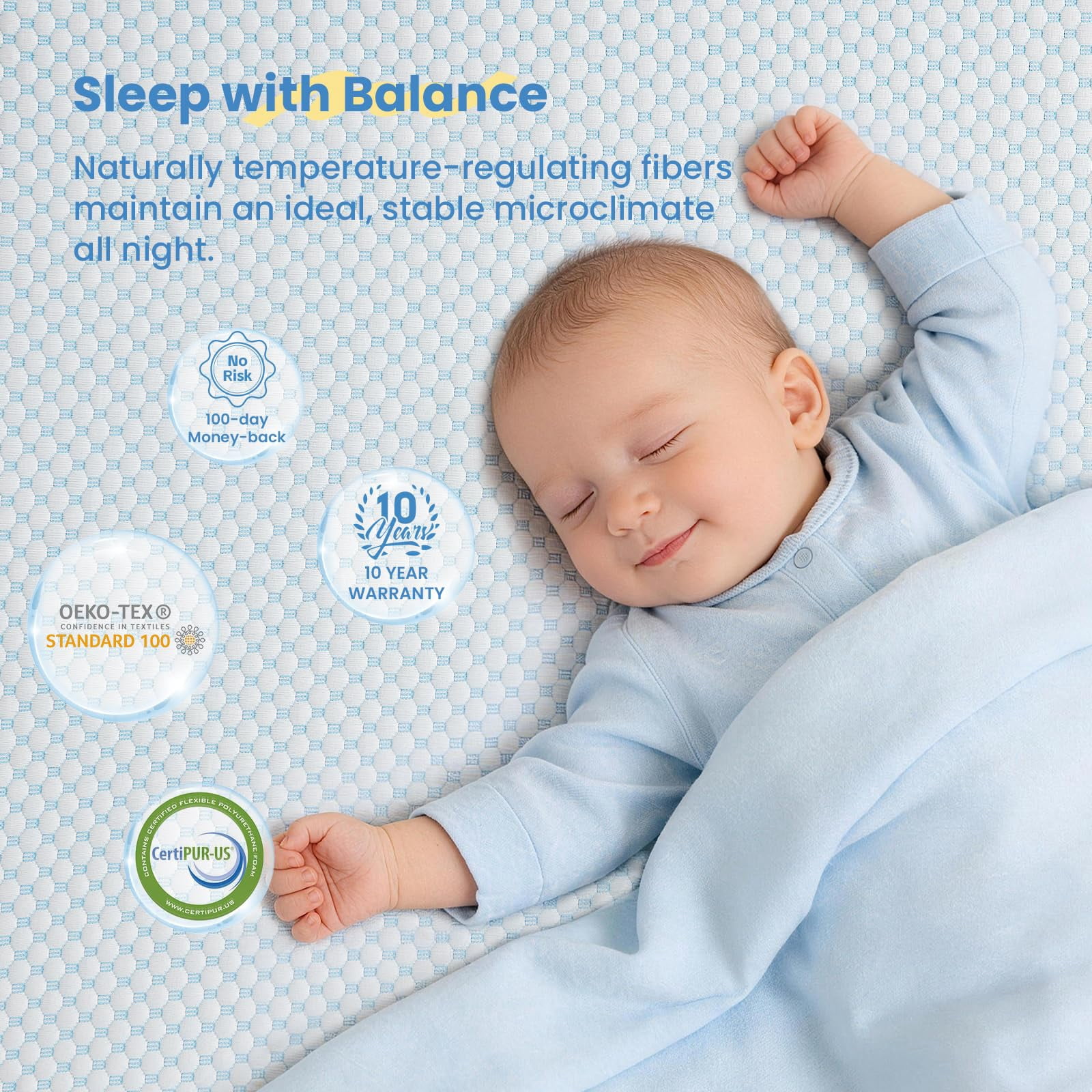 BaybyNest Mini Crib Mattress 38"x24"x4" Portable Dual Sided Playard (Firm & Plush) - Gel-Infused Memory Foam, Breathable Cooling Cover - CertiPUR-US Certified (Blue & White)