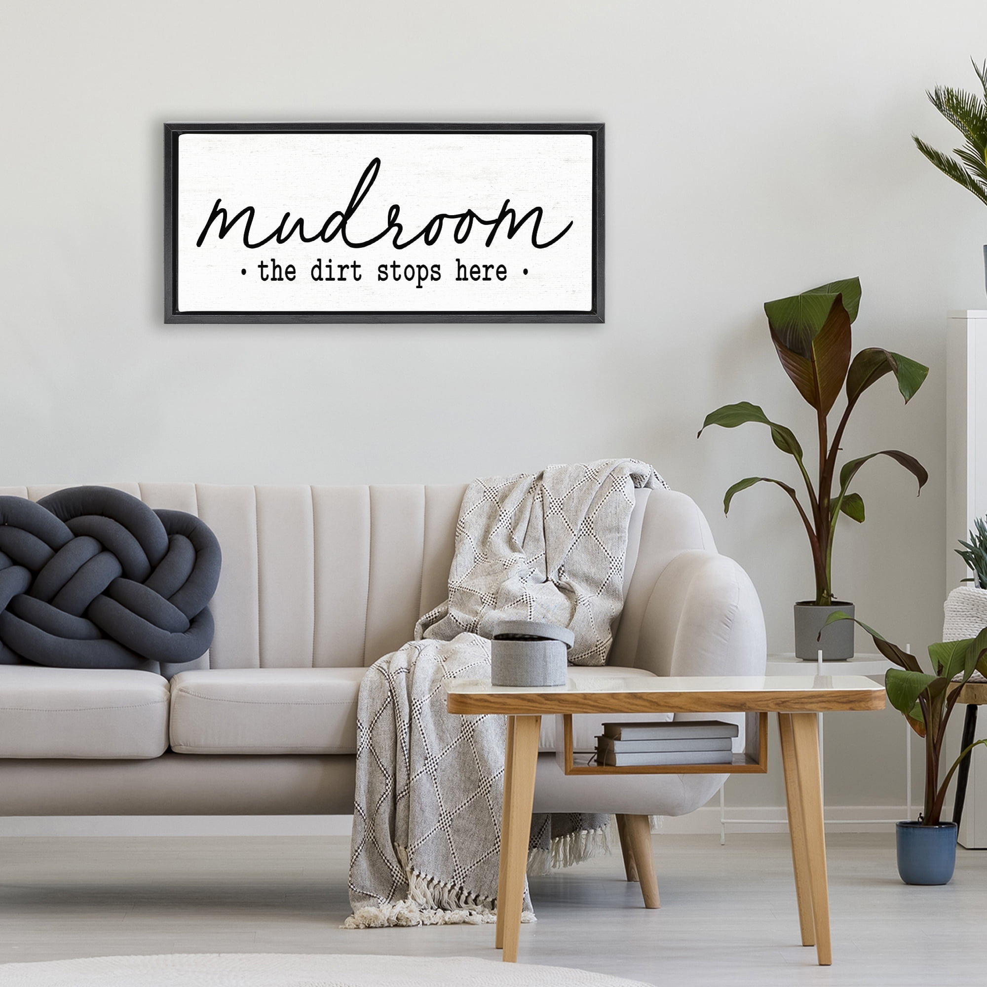 Mudroom Script Dirt Stops Here Black Framed Floater Canvas Wall Art, design by Lettered and Lined