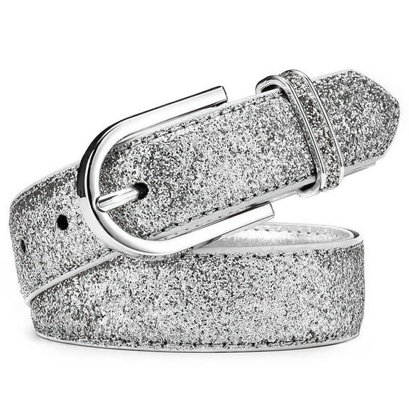 vlrwzc Women Skinny Leather Belt Glitter Silver Belt Waist Belt with Metal Buckle Pu Waist Belt for Pants Jeans Dresses