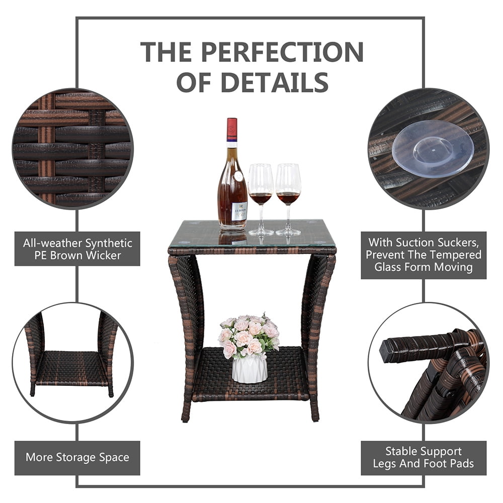 Ktaxon Side Table Porch Square Side Coffee Table with Glass Top, Rattan End Table for Outdoor and Indoor, Brown