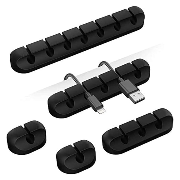 Cord Holder Cable Organizer Clips – Self Adhesive Cord Organizer for Desk, Car, Nightstands, Office, Black Silicone Cord Keeper Cable Clips Wire Holders for Phone Charger Cords (7-5-3-1-1 Slots)