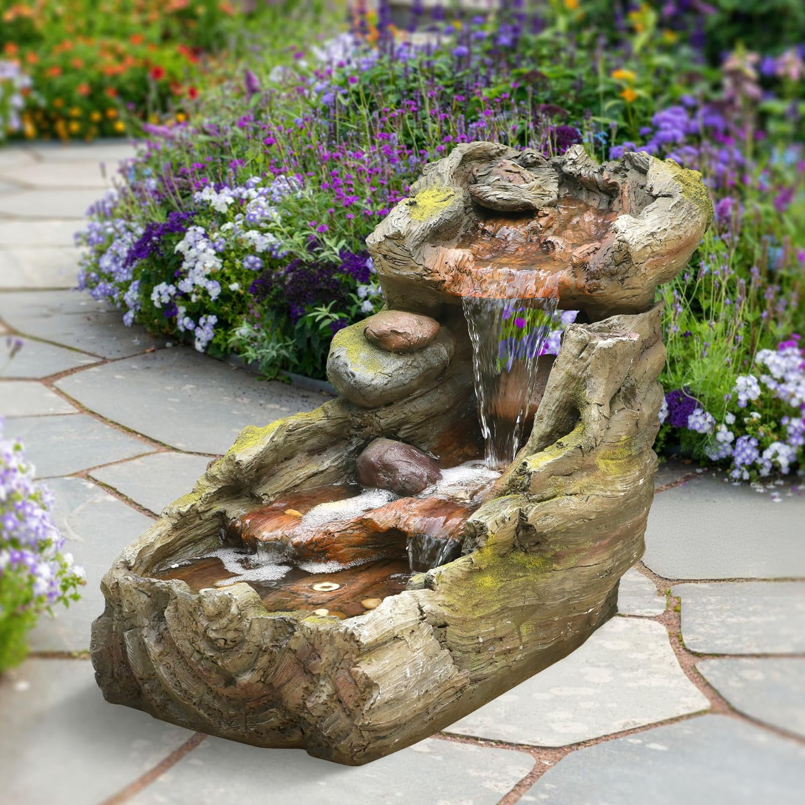 32.5" L Garden Outdoor Water Fountain, Floor Standing Cascading Realistic Tree Trunk Natural Waterfall Outdoor Fountains with LED Lights for Patio, Porch, Home Art Decor