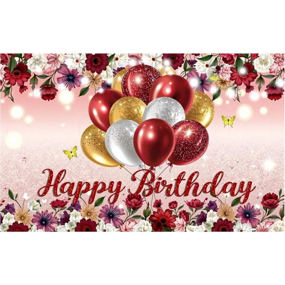 LUUFILx Red Gold Floral Happy Birthday Party Backdrop Girls Women's Birthday Photography Background with Flowers Butterflies Birthday Decoration Sign Banner
