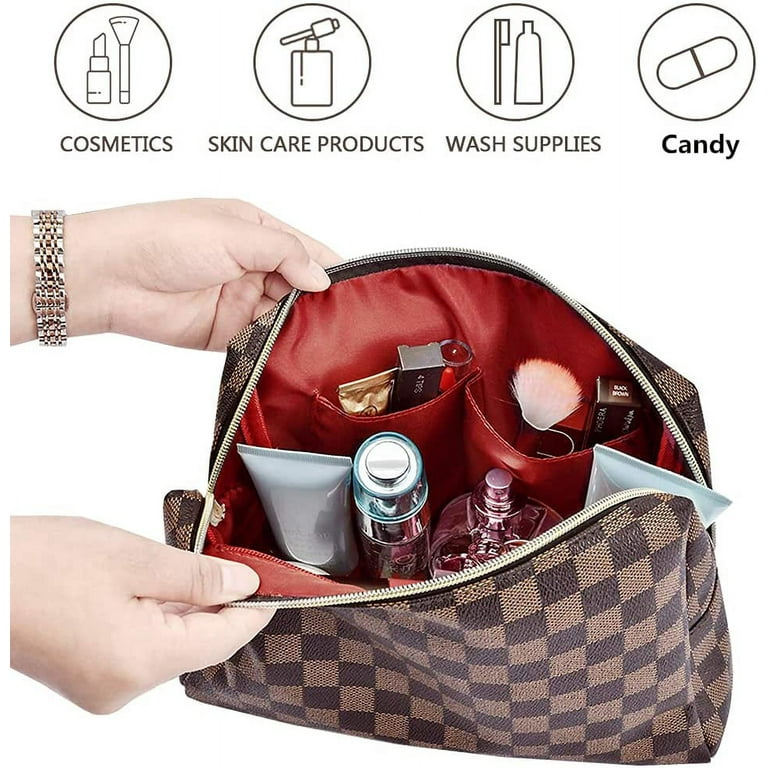Aokur Makeup Bag Cosmetic Bag Travelling Checkered Make Up Bag Organizer  for Women Girls Reusable Toiletry Bags Beige 