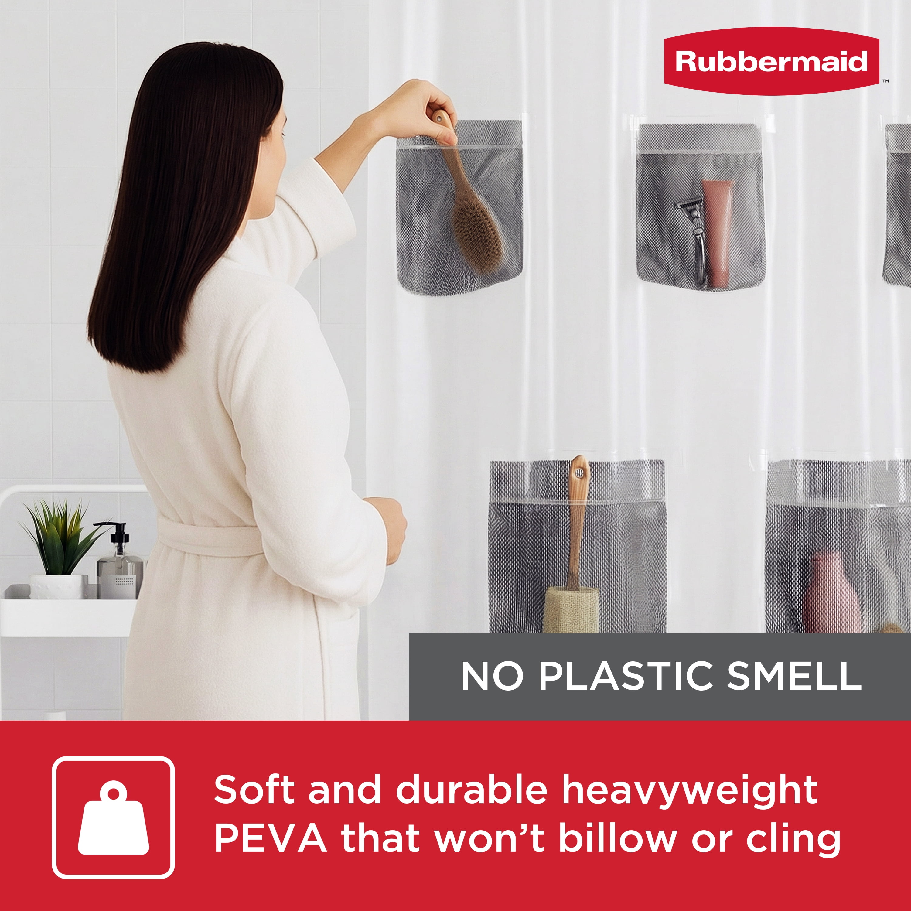 Rubbermaid Frosty Heavyweight PEVA Shower Curtain Liner with Storage Pockets, Waterproof, BPA-Free, 70" x 72"