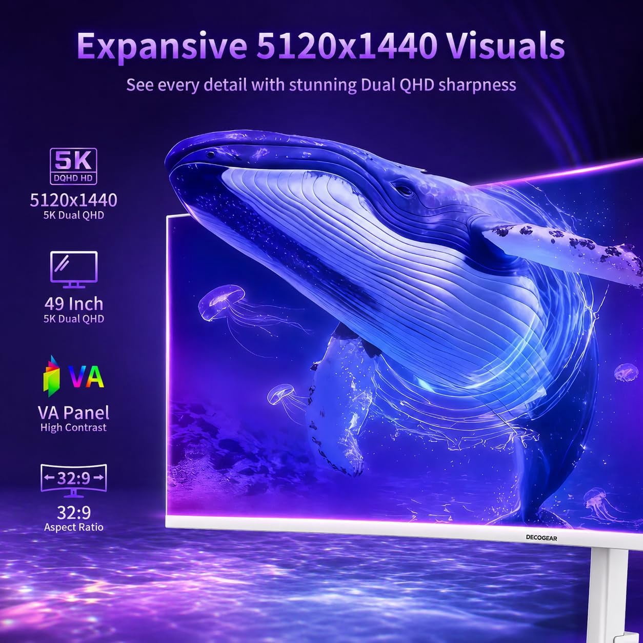 Deco Gear 49" White Curved Monitor, DQHD 5120x1440 120Hz Computer Monitor, 32:9 Ultrawide Monitor, 1ms MPRT Gaming Monitor, 100% sRGB, HDR, USB-C 65W, KVM, Speakers