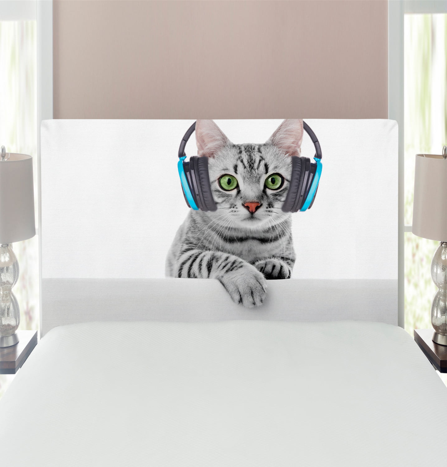 Music Headboard, Funny Short Hair Cat Listening to Headphones Kitten Animal  Art Print, Upholstered Decorative Metal Bed Headboard with Memory Foam,  King Size, Grey White, by Ambesonne 