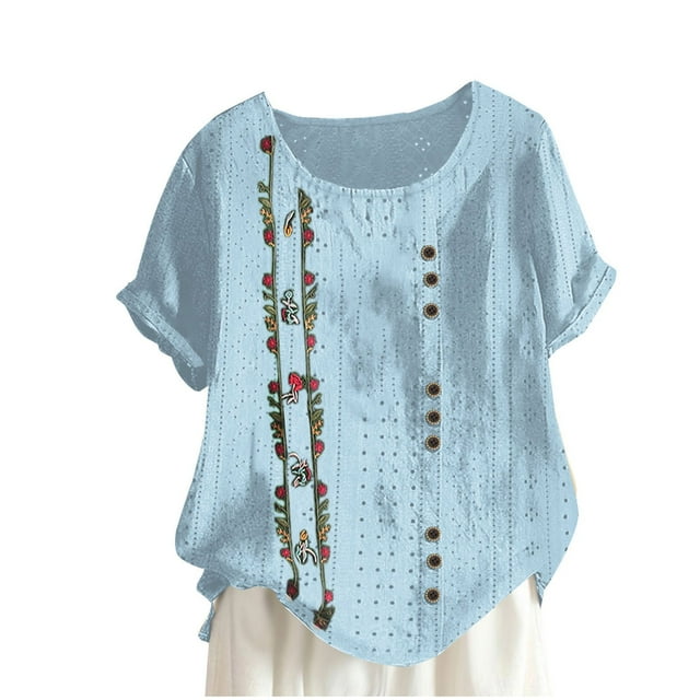 Birdeem Blouses pour Femmes Mode Imprimée Confortable Ample Manches Courtes Blouse Boutonnée Col Rond Décontracté