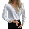 thumbnail image 1 of DPTALR Femmes Uni Dentelle Manches Longues Dentelle Patchwork Col en V Chemise Blouse, 1 of 7