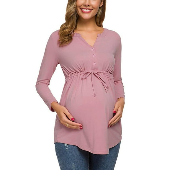 Frostluinai Maternity Shirts,Women'S Maternity Tops V-Neck Front Pleat Tunic Pregnancy Shirts Nursing Blouse Long Sleeve Bandage Solid Color Tops