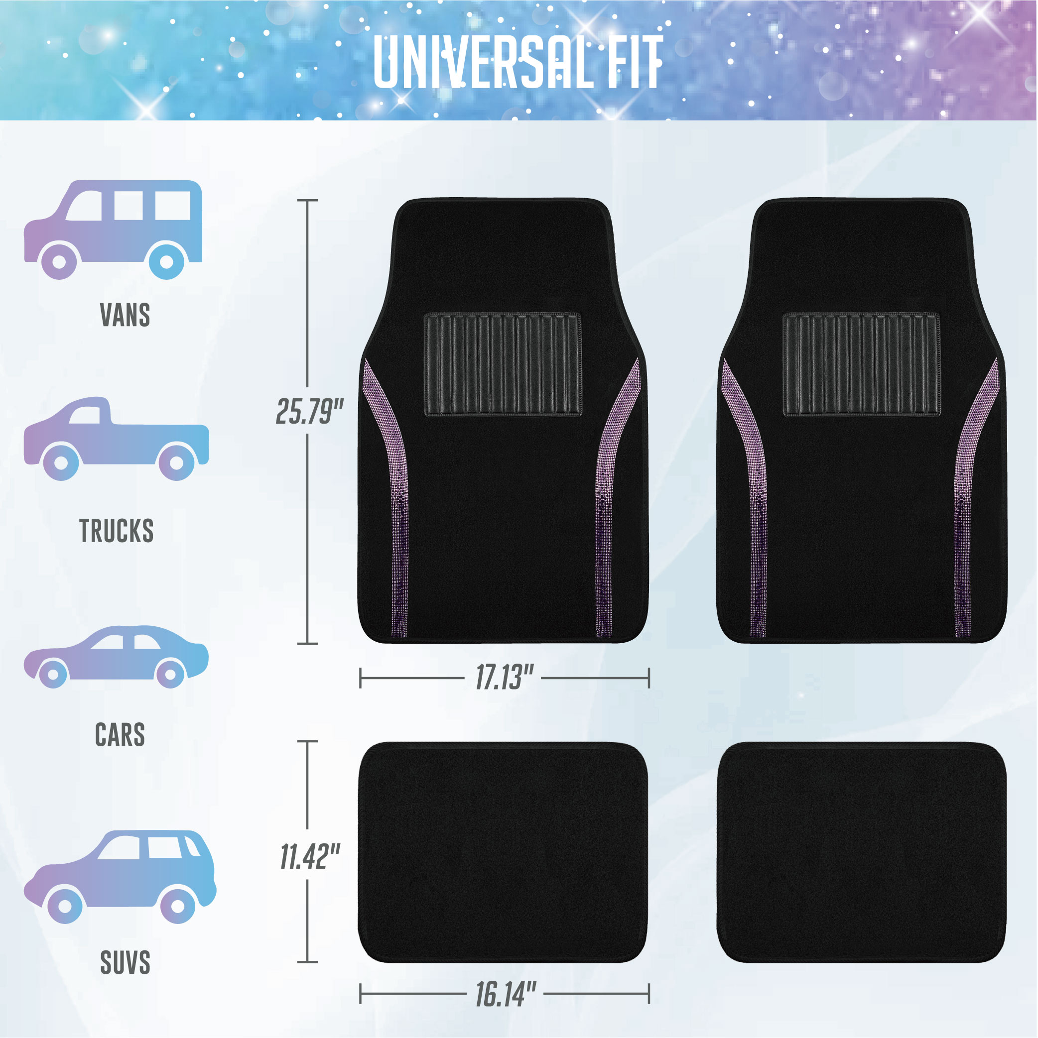 Auto Drive Bling Diamond Car Floor Mats, 4-Piece Glitter Carpet Set, Universal Fit for Cars，SUVs Dark Purple