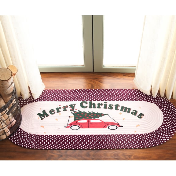 Safavieh Braided Posters Merry Christmas Tree Runner Rug, Ivory/Burgundy Red, 1'8" x 4' Oval
