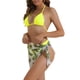 thumbnail image 4 of Conjuntos de bikini de triángulo para mujer de 3 piezas, con corte alto, tanga, falda con estampado de hojas, trajes de baño, talla X-Large, color amarillo, 4 of 5
