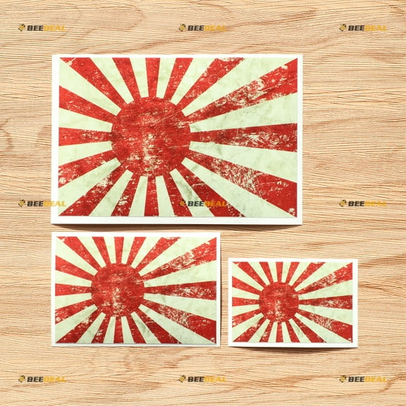 Japanese Rising Sun Flag JDM Decal Vinyl Sticker - 3 Pack Glossy, 3 Inches, 4 Inches, 6 Inches - Grunge Subdued Vintage - for Car Boat Laptop Cup Phone